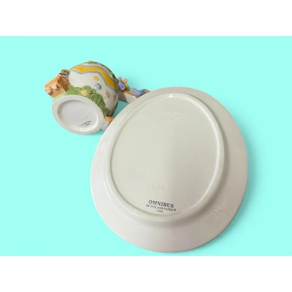 Fitz & Floyd Omnibus Eggspress Bunny‎ Rabbit Plate Cup Set Pastel Spring Vintage